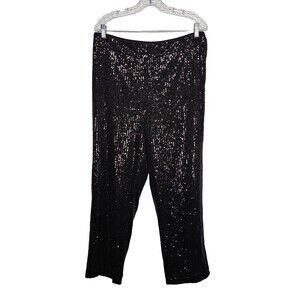 ANN TAYLOR LOFT Black Sequin Pants Women's 12 Straight Leg Side Zip Cropped Glam